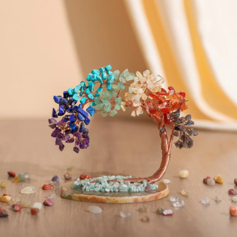 Decoratief Levensboom Ornament met Edelsteen Bladeren Koperkleurig Draad Sierlijke Agaatbasis Woonkamer | Sansoti
