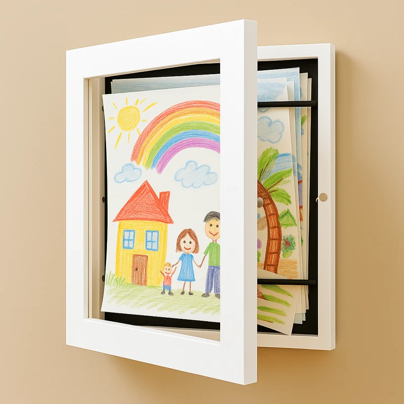 Kinderkunst Wissellijst A4 A3 met Opbergcapaciteit 150 Tekeningen Hout Klap Fotolijst voor Kinderkamer Woonkamer | Sansoti
