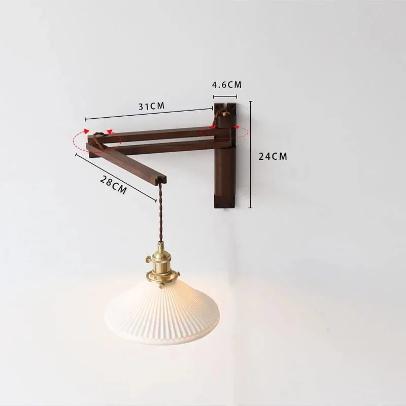 Verstelbare Houten Wandlamp met Keramieke Kap – Landelijke Stijl met Knopschakelaar | Sansoti