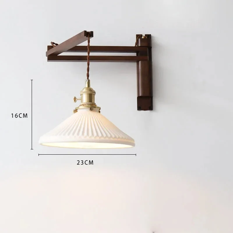 Verstelbare Houten Wandlamp met Keramieke Kap – Landelijke Stijl met Knopschakelaar | Sansoti