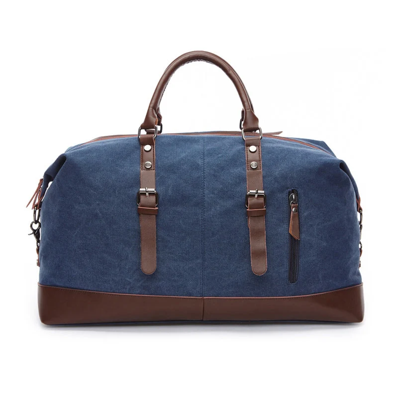 Vintage Weekendtas Leer Canvas Blauw Waterdicht Duurzaam Retro Reistas Sporttas voor Reizen Werk Gym | Sansoti