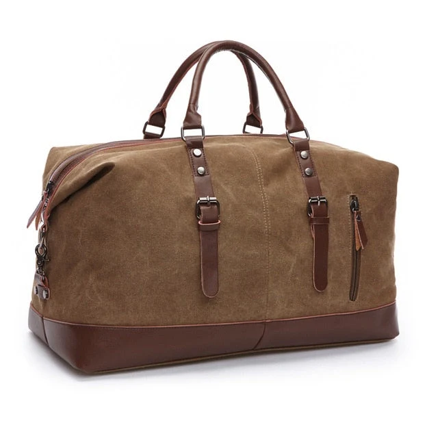 Vintage Weekendtas Leer Canvas Waterafstotend Reistas Cognac Bruin Handbagage Duffelbag Sporttas Schoudertas | Sansoti
