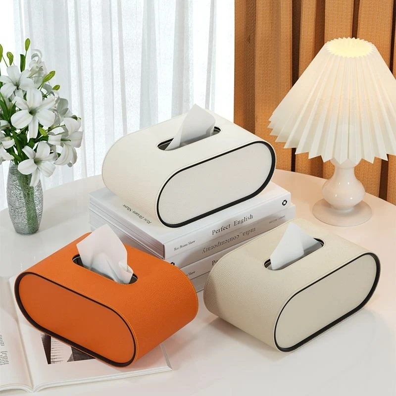 Tissuebox Leer Ovaal 22x13x10cm Woonkamer Bureau Nachtkastje Luxe Tissuehouder Oranje Beige Grijs Decoratief Interieur | Sansoti