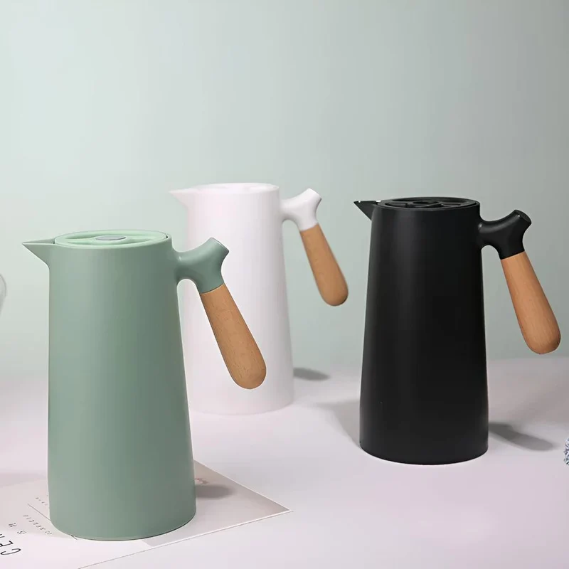 Geïsoleerde Karaf 1 Liter Houten Handvat Dubbelwandig Koffiekaraf Thermos Scandinavisch Design Groen Wit Zwart Rood Bruin | Sansoti