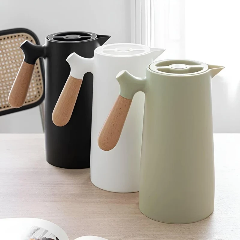 Geïsoleerde Karaf 1 Liter Houten Handvat Dubbelwandig Koffiekaraf Thermos Scandinavisch Design Groen Wit Zwart Rood Bruin | Sansoti