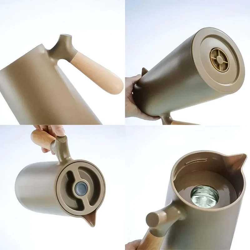 Geïsoleerde Karaf 1 Liter Houten Handvat Dubbelwandig Koffiekaraf Thermos Scandinavisch Design Groen Wit Zwart Rood Bruin | Sansoti