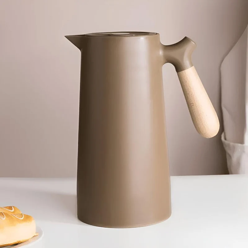 Geïsoleerde Karaf 1 Liter Houten Handvat Dubbelwandig Koffiekaraf Thermos Scandinavisch Design Groen Wit Zwart Rood Bruin | Sansoti