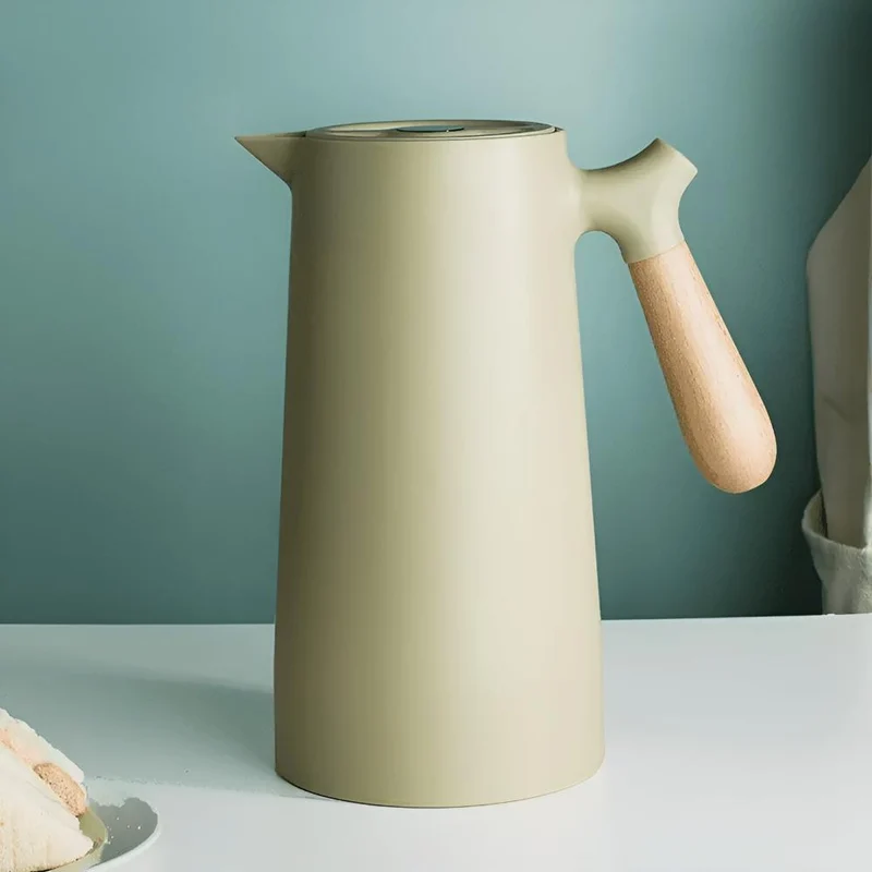 Geïsoleerde Karaf 1 Liter Houten Handvat Dubbelwandig Koffiekaraf Thermos Scandinavisch Design Groen Wit Zwart Rood Bruin | Sansoti