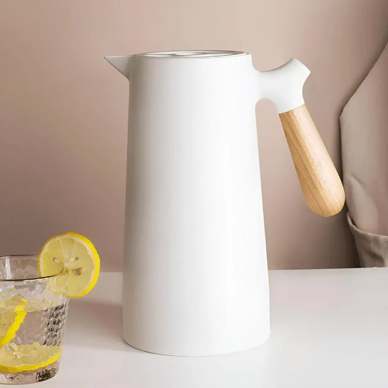 Geïsoleerde Karaf 1 Liter Houten Handvat Dubbelwandig Koffiekaraf Thermos Scandinavisch Design Groen Wit Zwart Rood Bruin | Sansoti