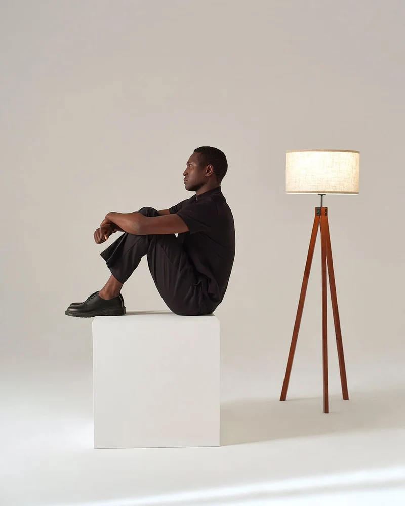 Vloerlamp Tripod Houten Driepoot 152cm Met Stoffen Kap LED | Sansoti