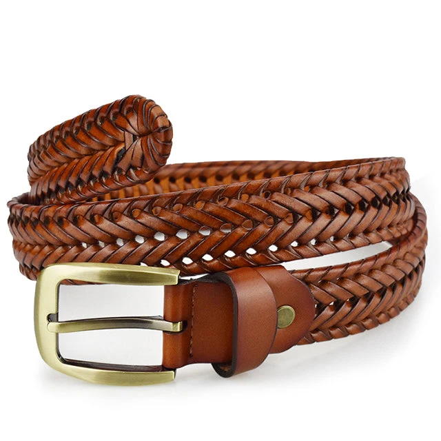 Gevlochten Leren Riem Bruin Unisex Vintage Stijl Chique Tailleband Accessoire met Sierlijke Stiksels | Sansoti