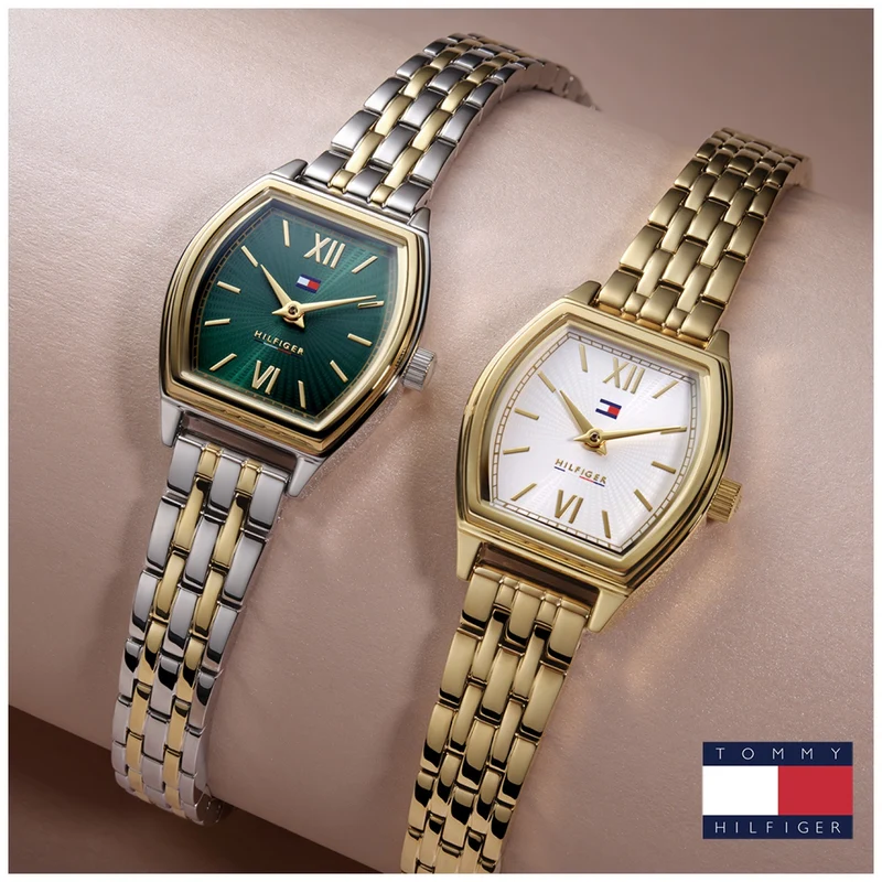 Tommy Hilfiger Norah 1782907 Damen Armbanduhr Grün • Tonneau-Gehäuse vergoldet • Römische Ziffern auf Smaragdgrünem Zifferblatt