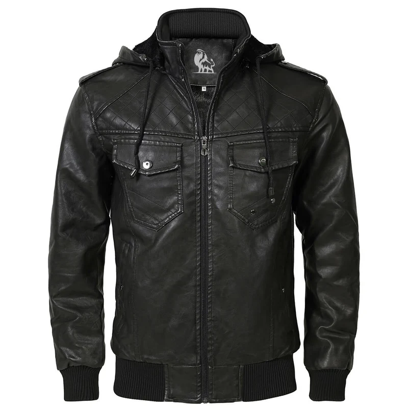 Premium Leren Jas met Afneembare Capuchon Waterbestendig Krasvast Zwart Heren Dames Winterjas Warm Leer Mode | Sansoti