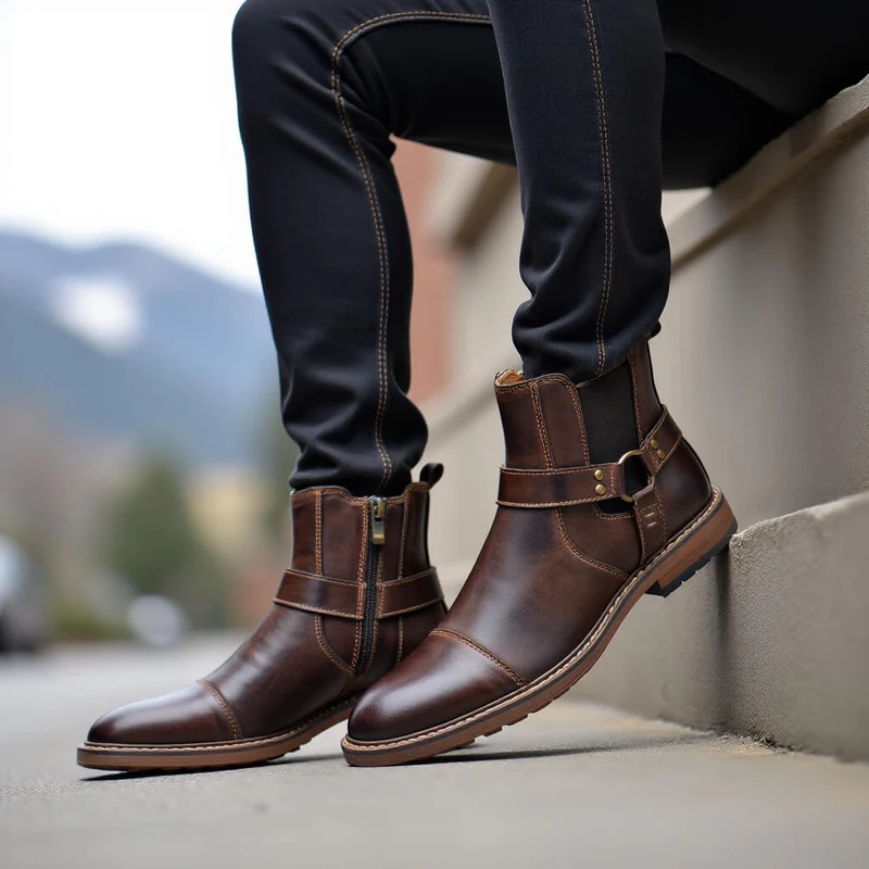 Leren Laarzen Heren Moto-Stijl Cognac Bruin Enkelhoog Vintage Uitstraling Comfortabel Duurzaam Leder | Sansoti