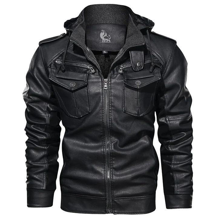 Lederen Herenjack PU-Leer Afneembare Capuchon Waterafstotend Krasvast Zwart Stoer Outdoor Winterjas Herfst | Sansoti