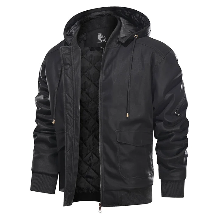 Leren Herenjas met Afneembare Capuchon Zwart Waterbestendig Kunstleer Biker Jacket voor Herfst Winter | Sansoti