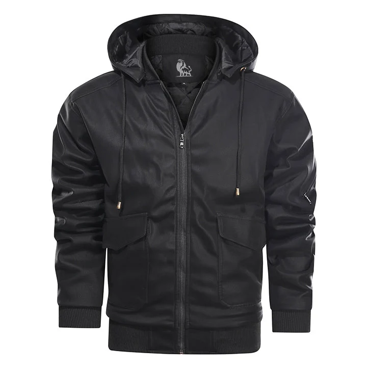 Leren Herenjas met Afneembare Capuchon Zwart Waterbestendig Kunstleer Biker Jacket voor Herfst Winter | Sansoti