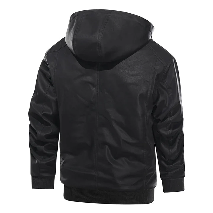 Leren Herenjas met Afneembare Capuchon Zwart Waterbestendig Kunstleer Biker Jacket voor Herfst Winter | Sansoti