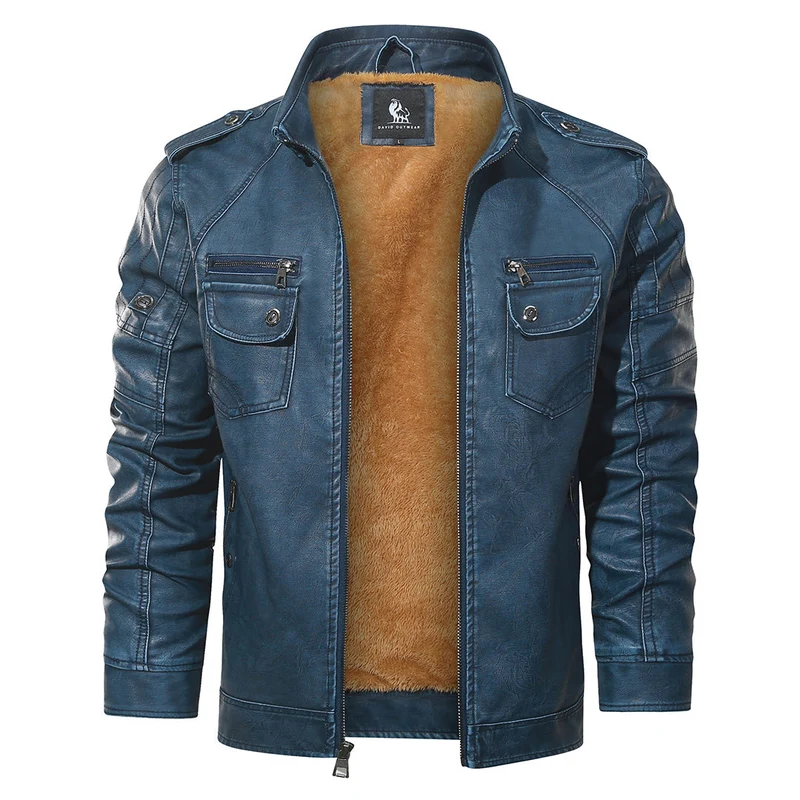 Fleece Bikerjack Heren Dames Blauw PU Leder Waterafstotend Slijtvast Robuust Motorjas Winter Warm Comfort | Sansoti