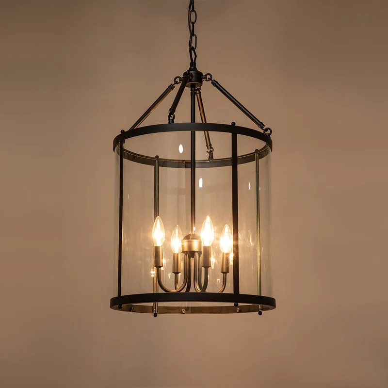 Hanglamp Lantaarn Cilinder Glas 4-Lichts Zwart Chroom 45cm Eetkamer Keukeneiland Dimbaar