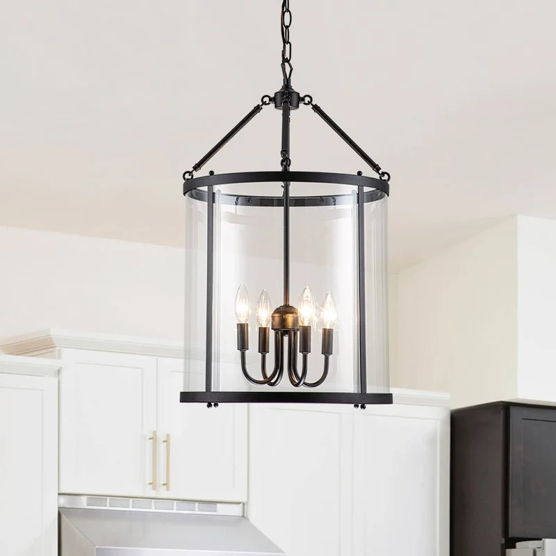 Hanglamp Lantaarn Cilinder Glas 4-Lichts Zwart Chroom 45cm Eetkamer Keukeneiland Dimbaar
