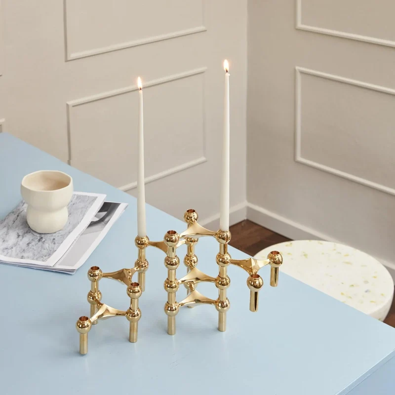 Modulaire design kandelaars set van 3 in massief messing – sculpturale woondecoratie voor tafel en dressoir | Sansoti