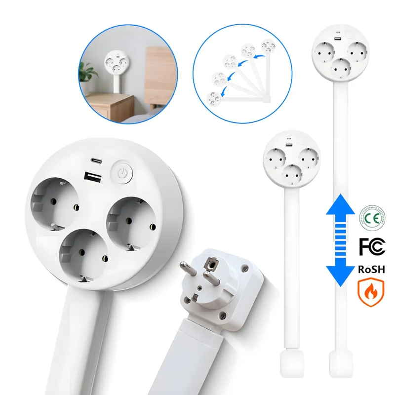 Uitschuifbaar Stopcontact Met USB Draaibare Kop 3 EU 47-67cm Wit | Sansoti