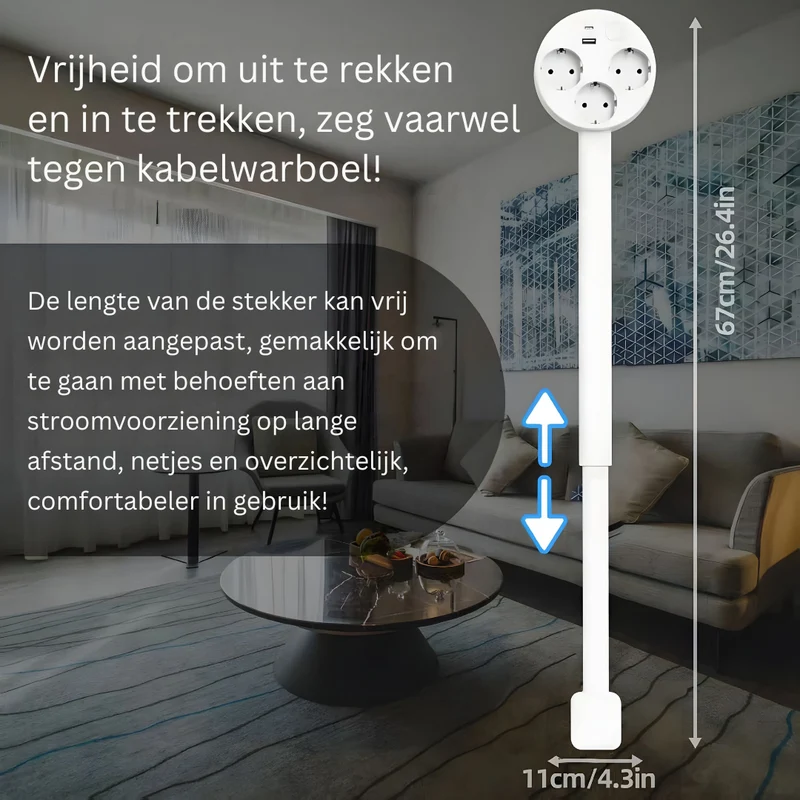 Uitschuifbaar Stopcontact Met USB Draaibare Kop 3 EU 47-67cm Wit | Sansoti