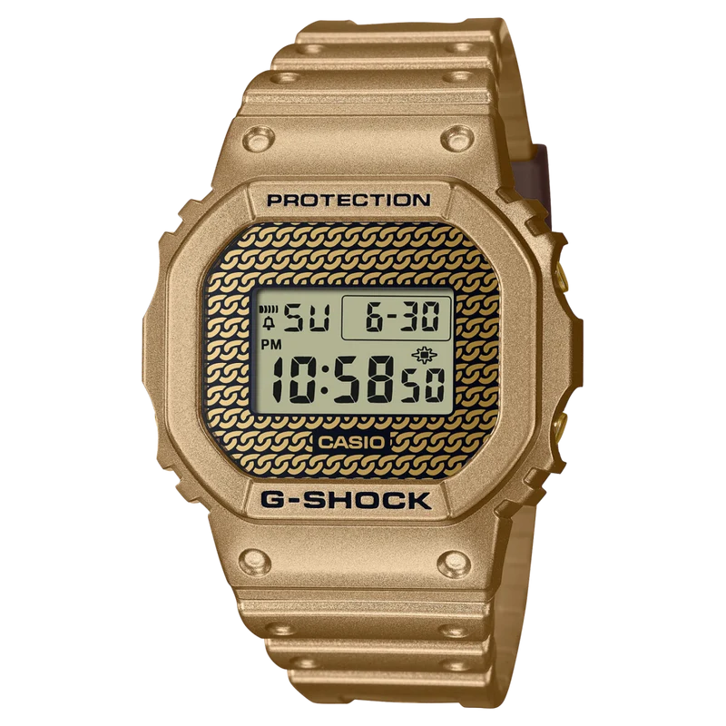 Casio G-Shock DWE-5600HG-1ER Herrenuhr Gold Chain Box Set • Wechselbare Lünetten und Bänder • Hip-Hop-Design