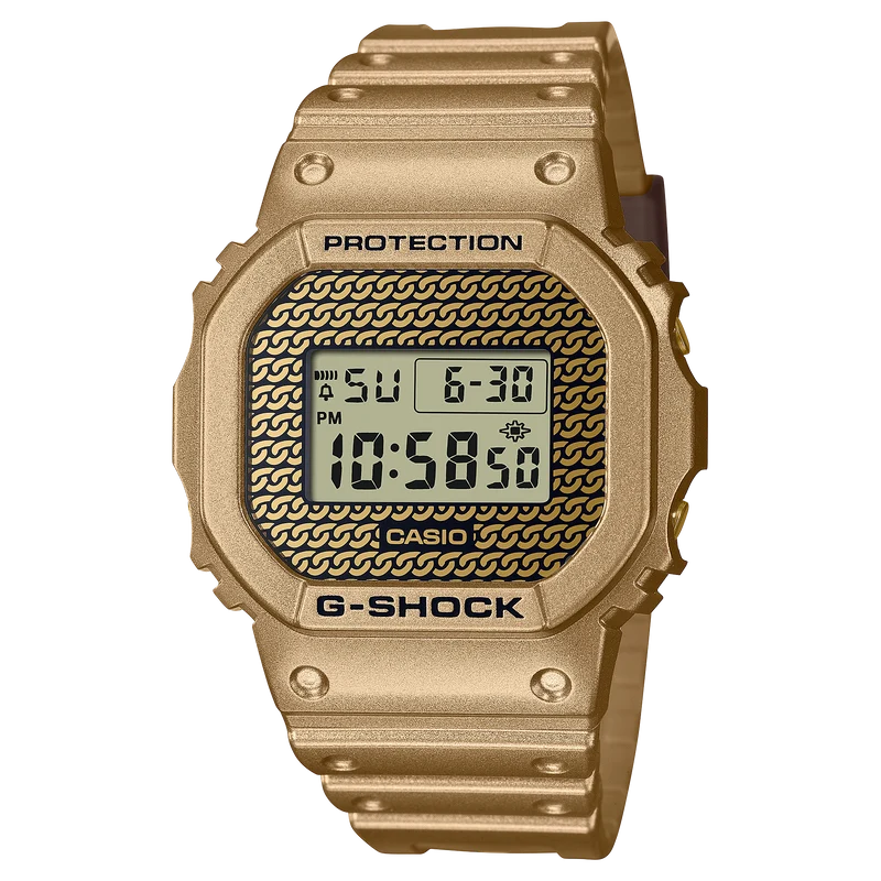 Casio G-Shock DWE-5600HG-1ER Herrenuhr Gold Chain Box Set • Wechselbare Lünetten und Bänder • Hip-Hop-Design