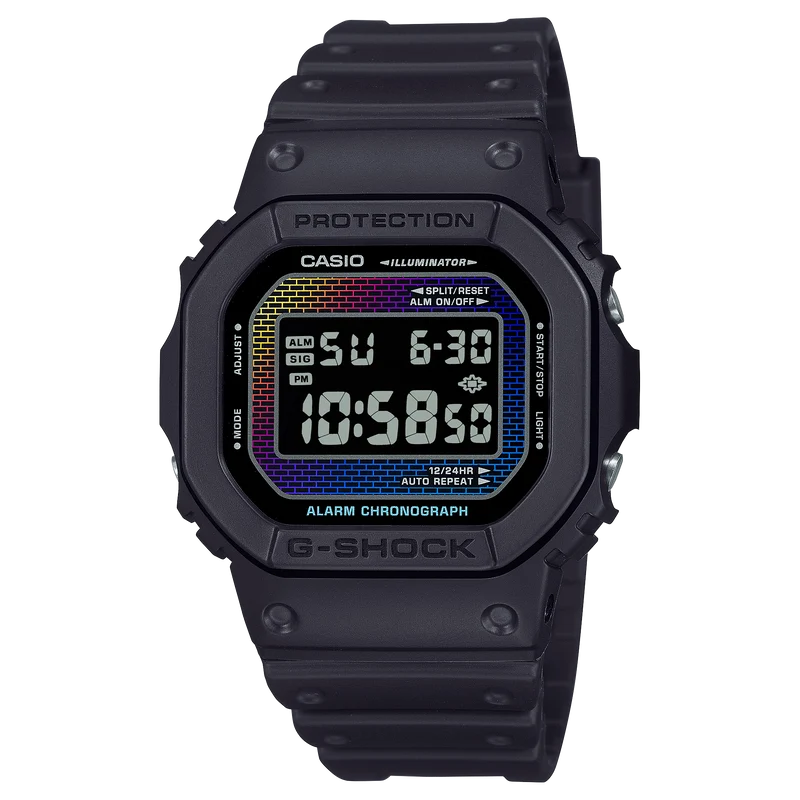 Casio DW-5600RW-1ER G-Shock Herrenuhr Schwarz/Regenbogen • Regenbogen-Dampfbeschichtung • Digitales Ziegelwandmuster