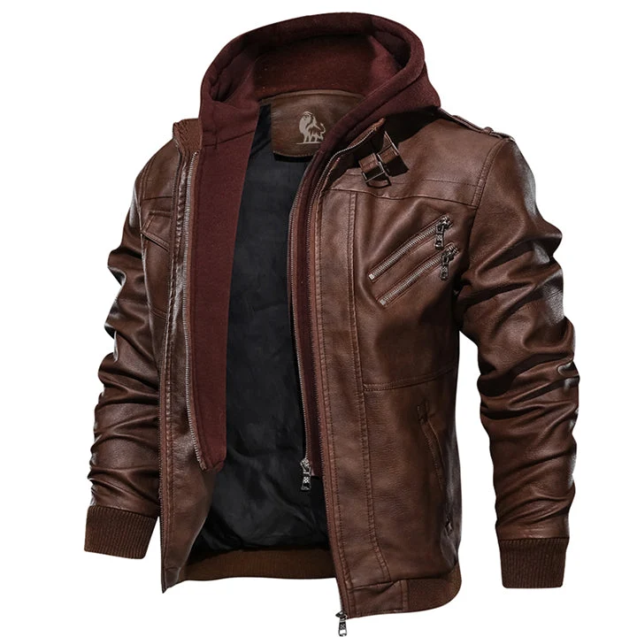 Leren Herenjack met Afneembare Capuchon Cognacbruin Premium Kunstleer Waterafstotend voor Herfst Winter | Sansoti