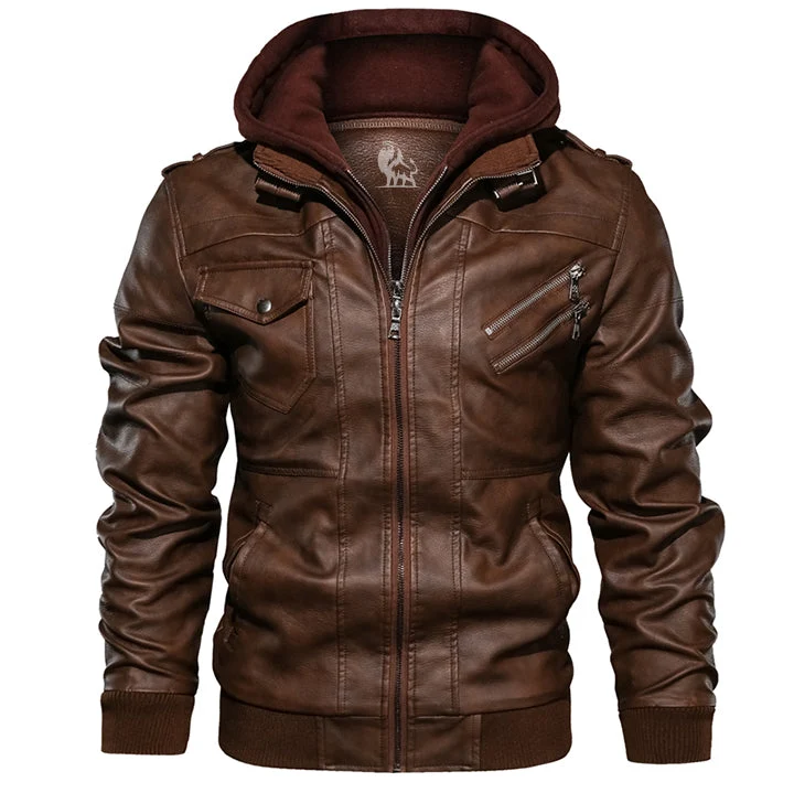 Leren Herenjack met Afneembare Capuchon Cognacbruin Premium Kunstleer Waterafstotend voor Herfst Winter | Sansoti