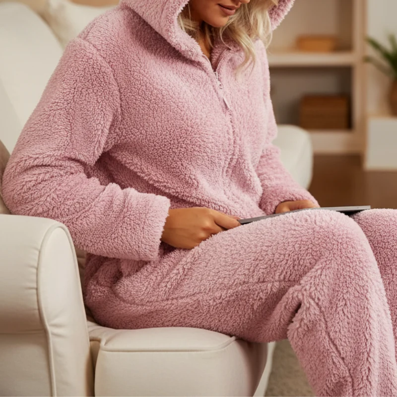 Fleece Onesie Dames met Rits Huispak Eendelig Warme Nachtkleding Loungewear voor Koude Avonden Thuis Relaxen | Sansoti