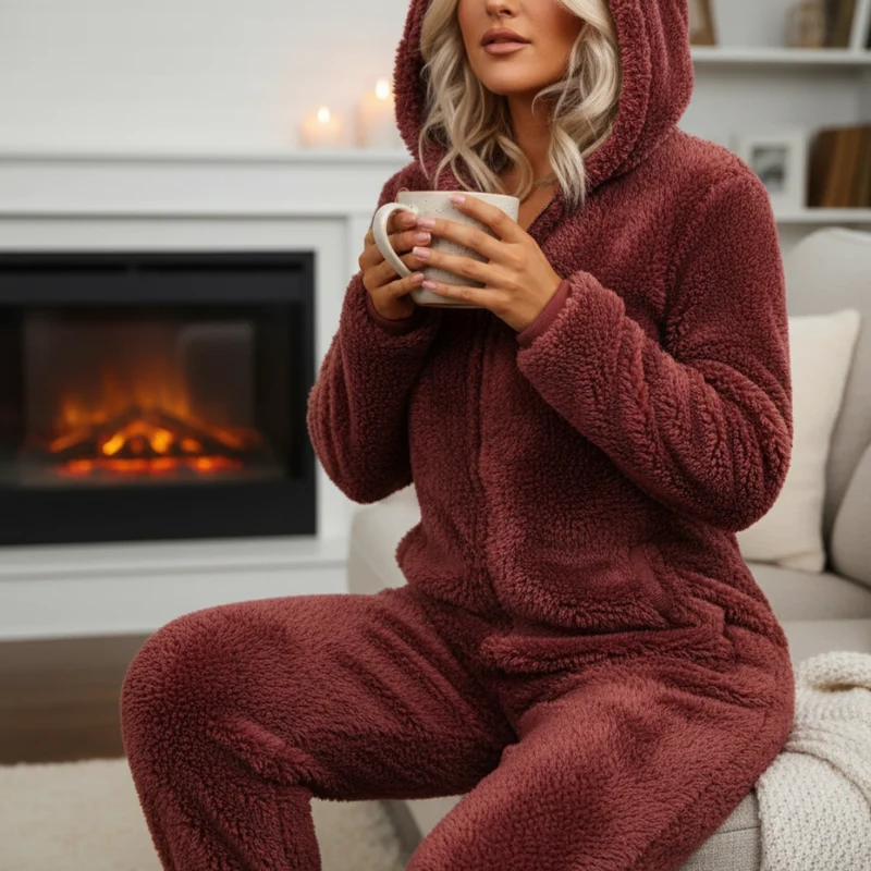 Fleece Onesie Dames met Rits Huispak Eendelig Warme Nachtkleding Loungewear voor Koude Avonden Thuis Relaxen | Sansoti