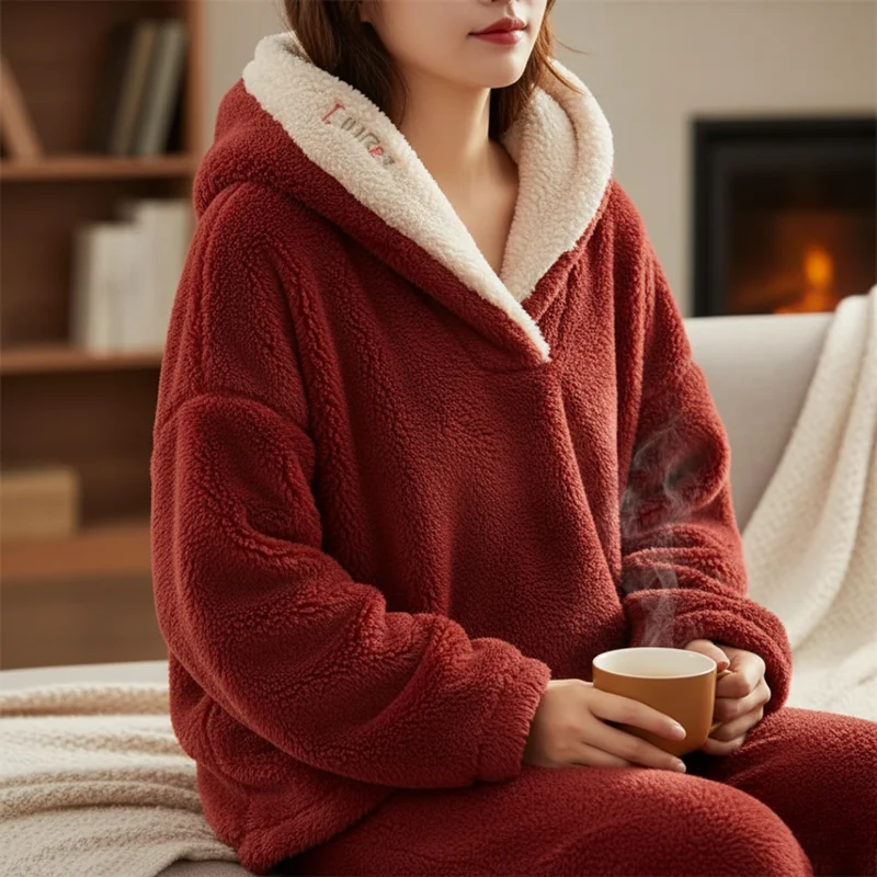 Dames Fleece Pyjama Set Tweedelig Langarm met Broek Koraalvlies Winternachten Warm Huispak Loungewear | Sansoti