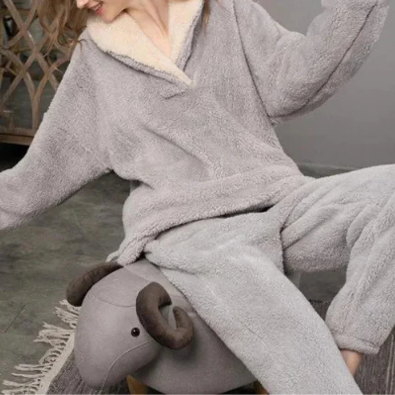Dames Fleece Pyjama Set Tweedelig Langarm met Broek Koraalvlies Winternachten Warm Huispak Loungewear | Sansoti