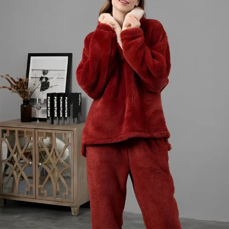 Dames Fleece Pyjama Set Tweedelig Langarm met Broek Koraalvlies Winternachten Warm Huispak Loungewear | Sansoti