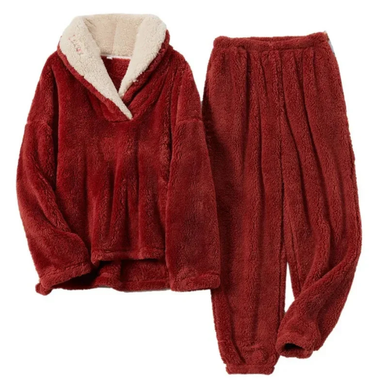 Dames Fleece Pyjama Set Tweedelig Langarm met Broek Koraalvlies Winternachten Warm Huispak Loungewear | Sansoti