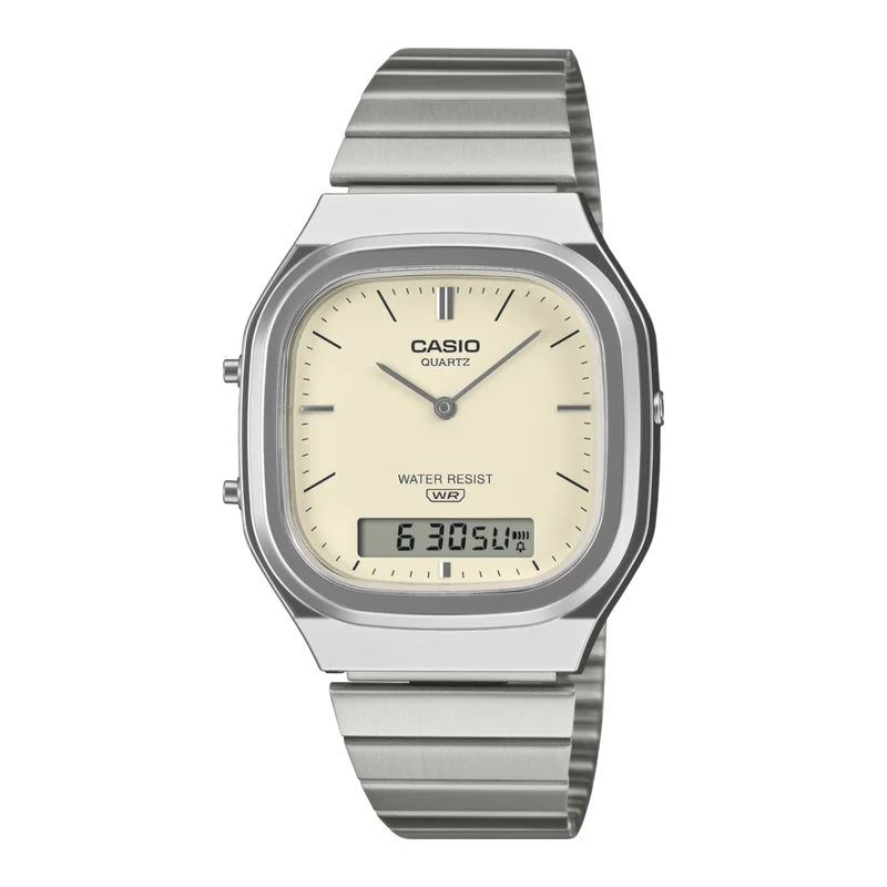 Casio AQ-240E-7A2EF Edgy Collection Armbanduhr Crème • Analog-Digital • Retro-Moderne Ästhetik