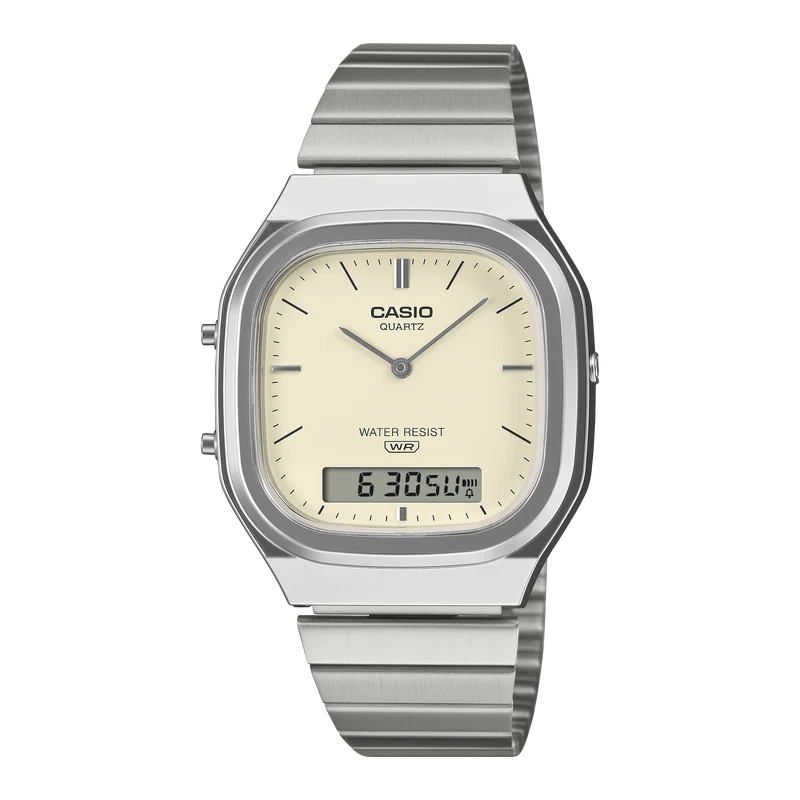 Casio AQ-240E-7A2EF Edgy Collection Armbanduhr Crème • Analog-Digital • Retro-Moderne Ästhetik