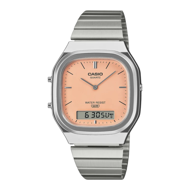 Casio AQ-240E-4AEF Edgy Collection Armbanduhr Pfirsich • Ana-Digi Anzeige • Retro-Modern Design