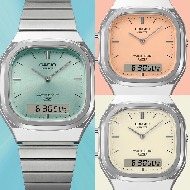 Casio AQ-240E-4AEF Edgy Collection Armbanduhr Pfirsich • Ana-Digi Anzeige • Retro-Modern Design