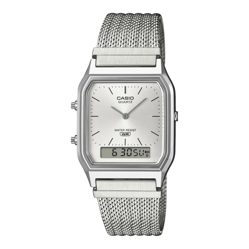 Casio Vintage AQ-230EM-7AEF Armbanduhr Silber • Mesh-Armband • Analog-Digital