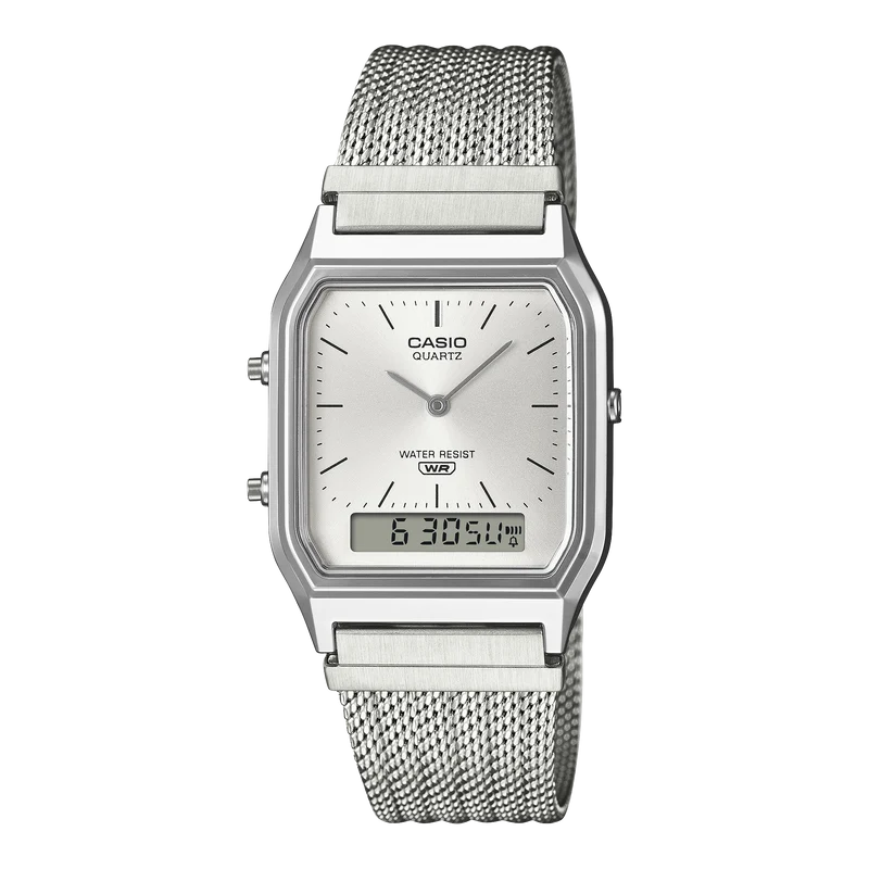 Casio Vintage AQ-230EM-7AEF Armbanduhr Silber • Mesh-Armband • Analog-Digital