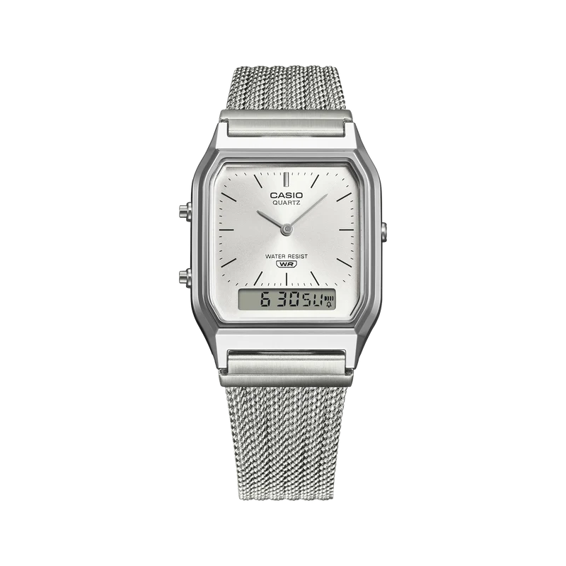 Casio Vintage AQ-230EM-7AEF Armbanduhr Silber • Mesh-Armband • Analog-Digital
