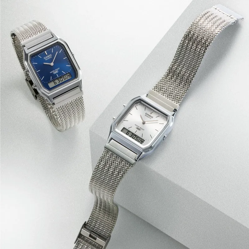 Casio Vintage AQ-230EM-7AEF Armbanduhr Silber • Mesh-Armband • Analog-Digital