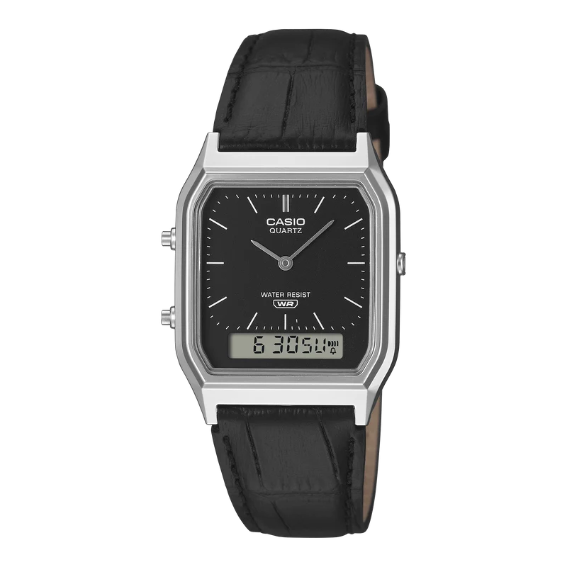 Casio Vintage AQ-230EL-1AEF Armbanduhr Schwarz • Analog-Digital • Echtlederarmband