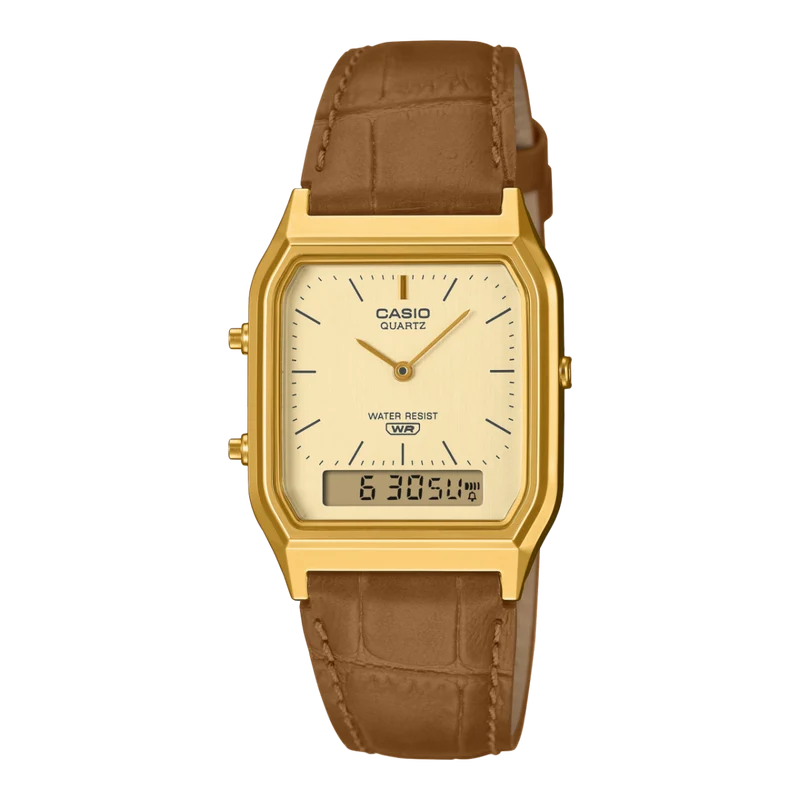 Casio Vintage AQ-230EGL-9AEF Armbanduhr Gold • Analog-Digital • Echtlederarmband