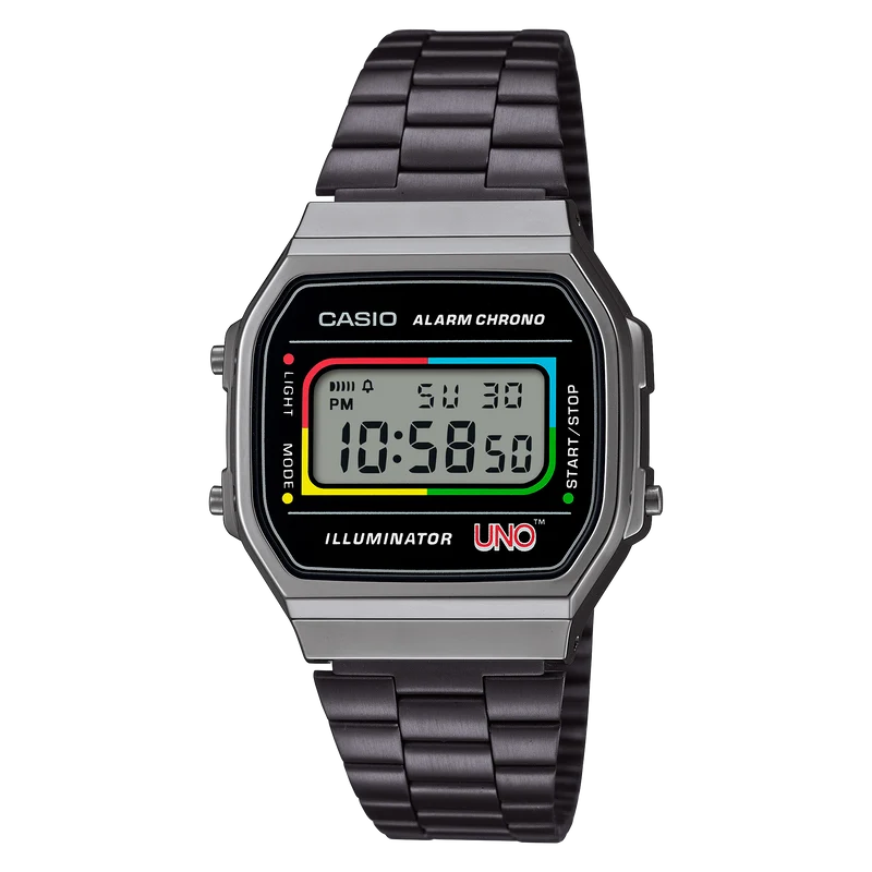 Casio A168WEUC-1AER Vintage Unisex Armbanduhr • UNO Special Edition • EL-Hintergrundbeleuchtung